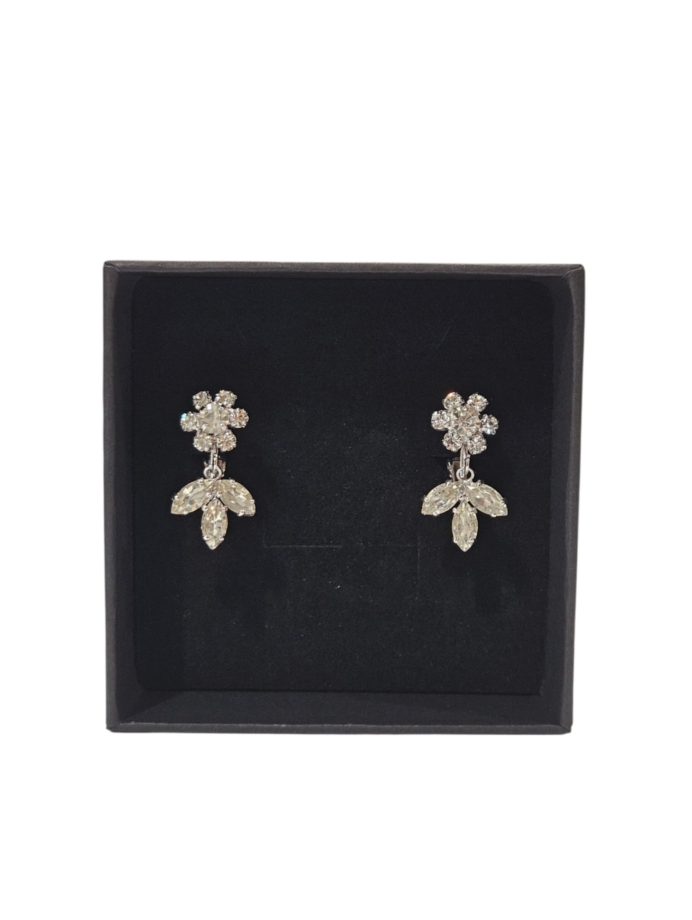 Sherman Vintage Clear Rhinestone Floral Drop Clip On Earrings